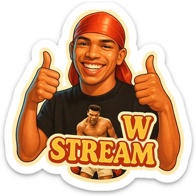 Make him Smiling With 2 thumbs up
Change His durag To Red
Add the words W Stream sticker