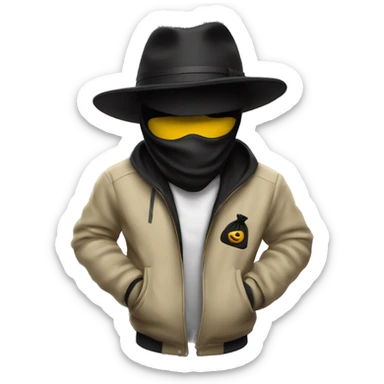 person whit a blak mask tht only covers his eyes and a white and black lined jacket and a black hat and money bag sticker