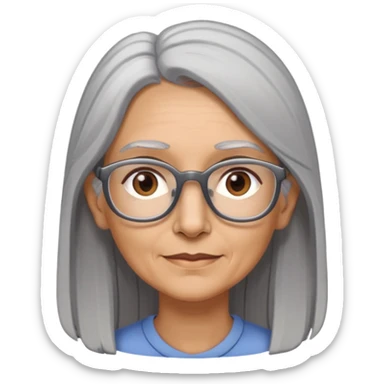 Mujer trigueña, pelo largo canoso, alta ,delgada, usa lentes. 55 años  , orejas pequeñas, ojos café, nariz recta, boca normal  sticker