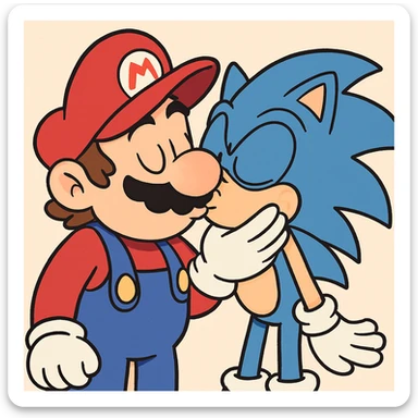 Mario and Sonic sharing a kiss, playful and cute, both characters recognizable, vibrant colors, cartoon style sticker