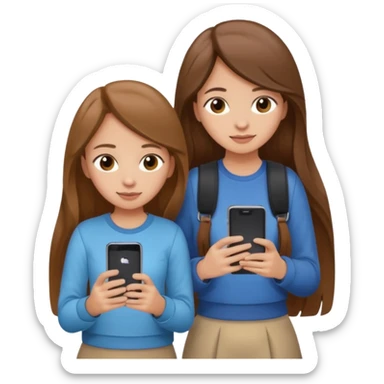 two brown haired girls, looking professional maybe leaned on each others back and looking forward and using phones, with long hair and with some cute clothes without ties, one girl can hold lap top another one can hold the phone sticker