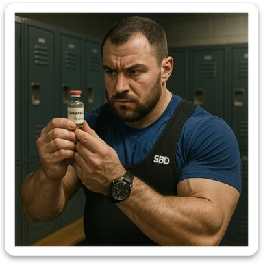 European powerlifter in competition clothing in a locker room, handling a vial labeled 'TURINABOL', suspicious expression, secretive atmosphere, realistic details, visible watch, locker room background sticker