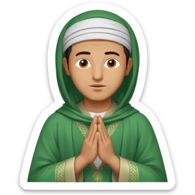 an Algerian man praying, dressed in green with a djellaba sticker