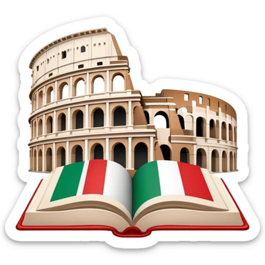 An icon featuring the Colosseum and the flag of Italy, symbolizing the Italian language. The design includes an open book with Italian phrases, representing language learning and cultural heritage. Transparent background sticker