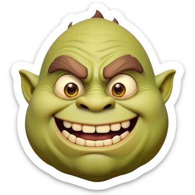 Cinematic Comical Ogre Portrait Emoji, with a strikingly exaggerated, bulky figure in vivid earthy greens and browns, head tilted in a dramatically surprised expression with wide, comically bulging eyes and a goofy, oversized grin, simplified yet hilariously exaggerated, highly detailed with a soft, cartoonish glowing outline capturing the playful absurdity of a meme-worthy ogre! sticker