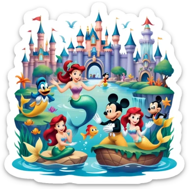 A vibrant collage featuring iconic characters like one Goofy, one Mickey Mouse, one Ariel the Little Mermaid, one Jasmine and one Franco. Each character should be large and bright, set against a cheerful and playful background with Disneyland. Transparent background. sticker