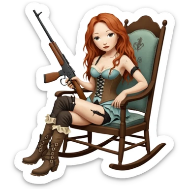 realistic cinematic Tori Amos sits on a rocking chair in a torn corset, holding an antique rifle and her bare feet are muddy. A white snake is wrapped around the chair. sticker