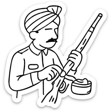 Indian soldier greasing a gun, hand drawn outlined icon sticker