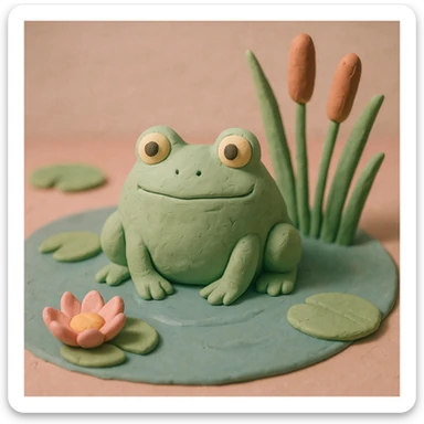 frog sitting in a pond with visible water lilies and reeds, soft pastel colors, claymation style sticker