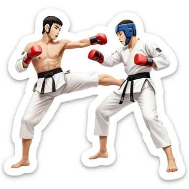 Two taekwondo fighters in traditional white doboks with black belts. One delivers a powerful kick, while the other defends by blocking with his knee. The background shows a professional arena with bright lights and an excited crowd. Transparent background highlights the intense action sticker