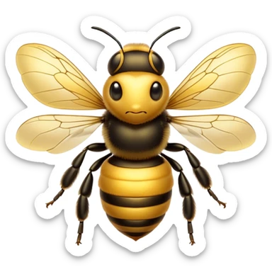 Cinematic Noble Bee Portrait Emoji, Poised and industrious, with a compact, fuzzy body in golden-yellow hues, delicate translucent wings, and a focused, determined expression with sparkling eyes, Simplified yet sharp and sophisticated features, highly detailed, glowing with a soft, sunny radiance, high shine, intelligent and diligent, stylized with an air of natural elegance, focused and alert, soft glowing outline, capturing the essence of a watchful bee that appears ready to buzz out of the screen with effortless authority! sticker