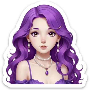 A girl has a striking presence with wavy long length purple hair, large doe-eyed brown eyes, and a dusting of freckles. Her hourglass figure and poised grace enhance her elegant aura. She favors stylish, high-end fashion, often accessorized with pearls and delicate jewelry. Admired and respected, she carries an air of quiet confidence and mystery. sticker