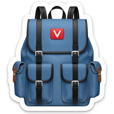a blue denim backpack with a flap top, two vertical black buckle straps on the front. The backpack has two side pockets and a soft square shape. at front view bottom pocket, red and white two divided logo 

 sticker