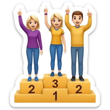 three casually dressed people on a winners podium labeled 2, 1, 3 from left to right, each on their step, center person on 1 holding up one finger on each hand, fun expressive cheerful emoji style sticker