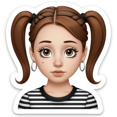 a white girl with brown hair in very low pigtails black eyeliner big false eyelashes with a septum piercing nose piercing big hoop earings dermals close to the eyes one on each side wearing a black and white striped long sleeve shirt sticker