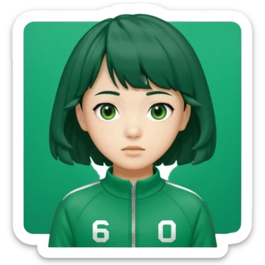 Sae-byeok from Squid Game, black wavy bob haircut with brief fringe, wearing green tracksuit with number 067 on chest, simple emoji style sticker