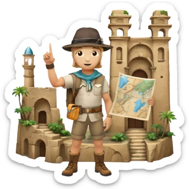 Icon for Documentary Film (TV style): A traveler pointing backward and narrating in front of ancient ruins. Include elements like historical landmarks, maps, and exploration tools to evoke a sense of adventure. Transparent background. sticker