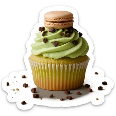 Change the icing to pistachio (light green), keep the realistic cupcake and accessories, photorealistic style, transparent background. Maintain the photorealistic look and details of the cupcake and accessories with a light green pistachio icing. Remove the background to make it transparent. sticker