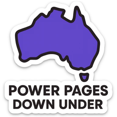 modern clean icon of Australia map with no border, text 'Power Pages Down Under' in bold geometric font, color scheme #403DAD, vibrant purple, #fff7ad, no Power Pages icon, no digital overlays sticker