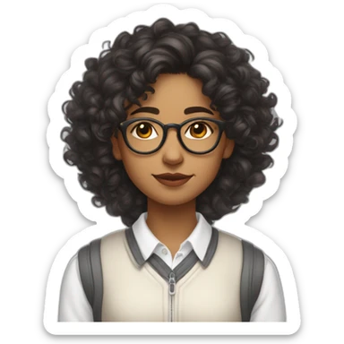 indian teenage girl with curly hair and glasses wearing a collared long sleeve white shirt under a white sweatervest sticker