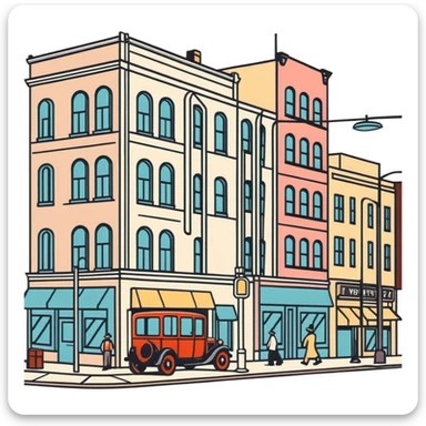 retro 1930s city street scene with anthropomorphised animals in t-shirts and shorts walking, black and white sticker