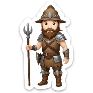 full body man long brown hair brown eyes medium beard white skin wearing boar hat and bark armor sticker