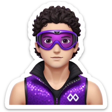 close-up of male athlete with white skin and moderately curly dark brown hair on top with shaved sides, wearing ski goggles with purple frames and very dark black lenses, a simple plain black chain necklace, and a completely unzipped sleeveless vest with purple and black sequin fire pattern design with no logo, frame centered on face and upper chest sticker