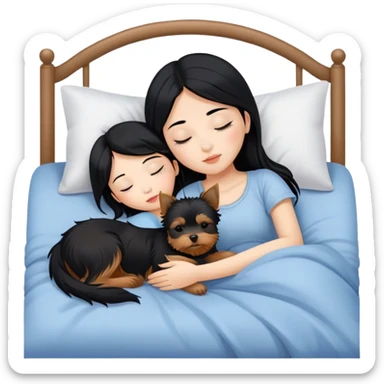 pretty asian girl with black hair sleeping in bed with small yorkshire terrier sticker