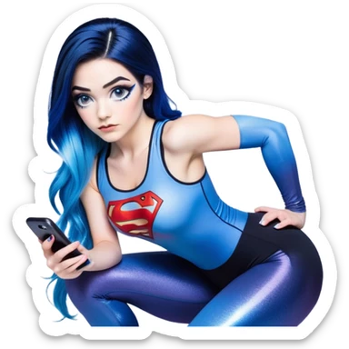 Shameful-head tilted-texting on phone-very very very large upper body-sexy face-bending forward at waist-very long very straight dark blue to light blue ombre hair-and-blue eyes-thick black eyeliner-thick long eyelashes-iridescent blue lowcut tanktop with black leggings with glitter superman logo sticker