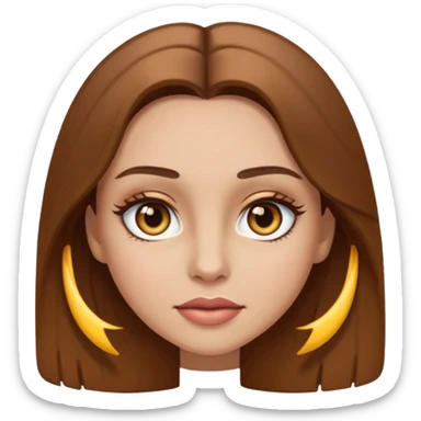 female face with hazel eyes, long brown hair, visible mascara, emoji style sticker