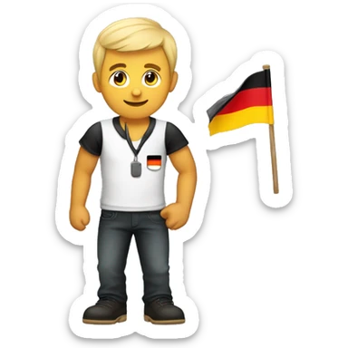 Guy standing at 45 degree angle with German flag on his shirt with his arm diagonally up and he has a mustashe sticker