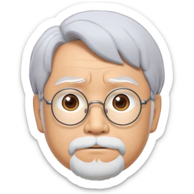 Cinematic Realistic Hayao Miyazaki Portrait Emoji, depicted as a visionary filmmaker with a gentle imaginative expression and artistic flair, rendered with delicate textures and soft enchanting lighting that captures his legendary storytelling. sticker