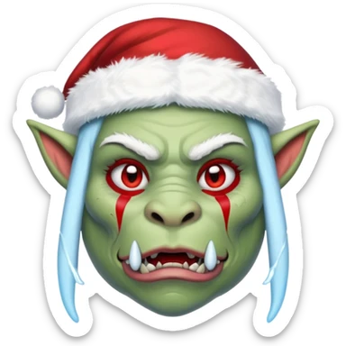Fantasy orc emoji portrait, Santa Claus hat stretched around tusks, tusks covered with ice and crimson frost cracks, cold predator expression, winter hunt atmosphere, minimal clean emoji design, female variant
 sticker