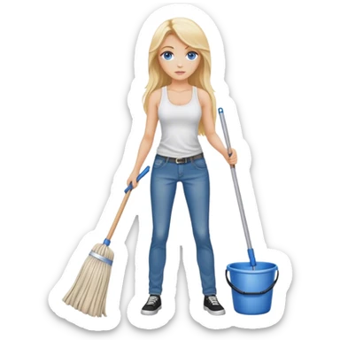 Cinematic realistic blonde with long hair and blue eyes, dressed in jeans and a tank top, holding a mop in her hands sticker