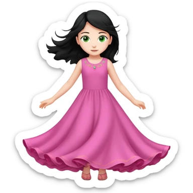 Una chica de 10 años volando con la piel clara el pelo negro y los ojos verdes con un vestido largo y rosa sticker