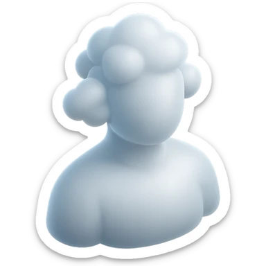 person made entirely of white fluffy convex clouds, shoulder up, front view, matte glass style sticker