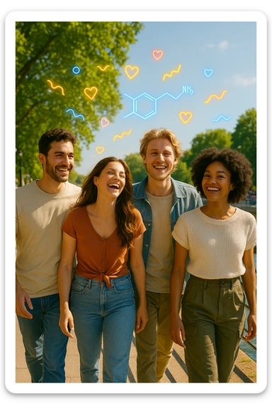 a group of friends strolls along a riverside promenade on a bright, sunny day. Their expressions are joyful and relaxed, and the sunlight creates a warm, golden glow. Above them, faint, colorful lines or icons represent the release of beneficial dopamine. The background is vibrant and full of life. sticker
