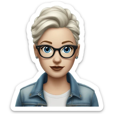 Create a Hyper Realistic pale beautiful tattooed 3D woman with glasses and blue eyes wearing denim jacket sticker