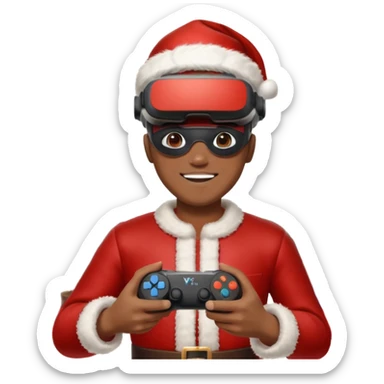 Homme photographe noir, week-end détente, équipé d’un appareil photo pro. Dans un décor Noël chaleureux, Père Noël à côté, sapin illuminé, lumières douces. L’homme porte un casque VR autour du cou ou sur la tête, et une manette PS 2025 dans la main libre. Ambiance festive, réaliste, couleurs nettes sticker