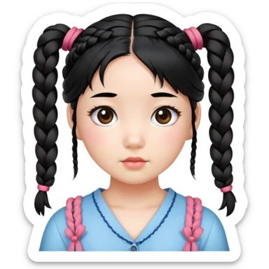 Korean girl, cute girl,  braided pigtails tied down, black hair sticker