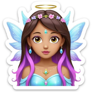 Earthreal sparkly angelic mystical magical shiny pretty Fairy. Dark Brown eyes. Caramel skin. Long dark brown hair. White, hot pink and light blue and lavender and light green and light yellow . Tattoos sticker