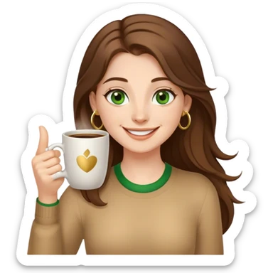 Long, Brown haired girl with middle hair part, green eyes, gold hoop nose ring, smiling, waving with one hand, coffee mug in the other sticker
