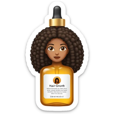 Serum Bottle of hair growth oil. Label has black woman with long afro hair. sticker