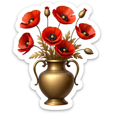 Vibrant red poppies in a weathered brass vase, their petals softly illuminated by golden light. A few dried brown leaves and delicate gold accents enhance the nostalgic feel. sticker
