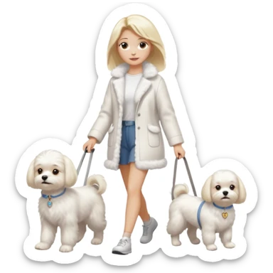 blonde woman wearing white, walking ONE maltese dog sticker