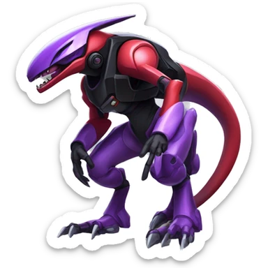 a shiny black-red-purple Genesect-Raptor-Fakémon—hybrid with a futuristic visor-helmet full body sticker