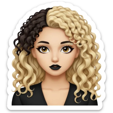 split dye leftside blonde rightside black-brunette, baddie, pretty makeup, black eyeliner, long and curly hair sticker