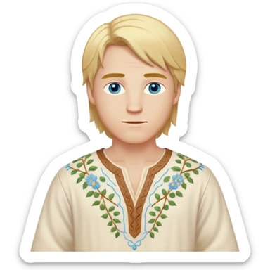 Medieval spring outfit worn by a DnD themed fantasy male character. Cream-colored cotton tunic with delicate vine patterns embroidered at the hem, V-shaped neckline with leather lacing. Clothes only above the waist, full waist coverage. The character has no arms. Character is white-skinned with golden blonde hair, sky blue eyes, and straight shoulder-length hair. sticker