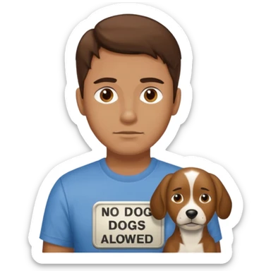 Man with brown hair wearing NO dogs allowed shirt sticker