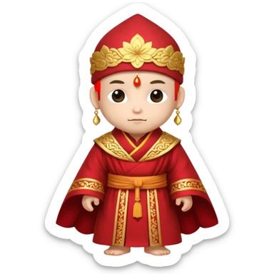 A small chibi-style monk character with red ceremonial robe with layered fabric and decorative gold-like patterns and an ornate red monk hat shaped like lotus petals.

 sticker